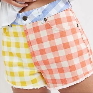 NWT Farm Rio x Anthropologie NWT Color Blocked Gingham Denim Shortie sz